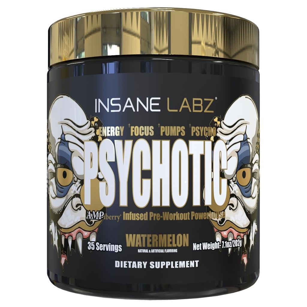 Insane Labz Psychotic Gold, High Stimulant Pre Workout Powder, Extreme Lasting Energy Focus, Pumpen und Ausdauer mit Beta Alanine, DMAE Bitartrate, NO Booster (35 Servierungen, Watermelon)