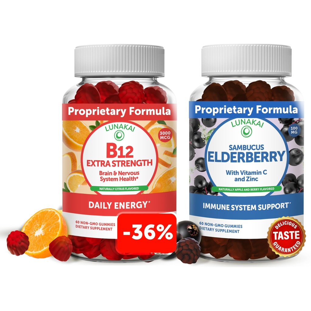 Lunakai Vitamin B12 und Elderberry Gummies Bundle - 3000 mcg Gummy für Erwachsene Energieunterstützung und Knochengesundheit - Immununterstützungsergänzung mit Zink und Vitamin C