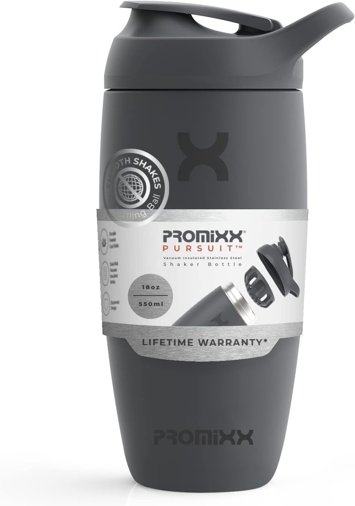 Promixx Pursuit Shaker Bottle Insulated Edelstahl Wasserflasche und Shaker Cup, 18oz, Graphit Grau