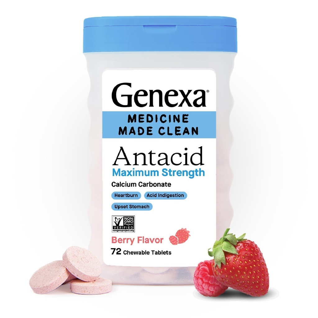 Genexa 3 Pack Clean Antacid Kautabletten | Maximale Stärke Calciumcarbonat für Sodbrennen, Säure Verdauung & Upset Stomach Relief | Dye Free, 0% Künstliche Additive | Berry Flavor, 216ct