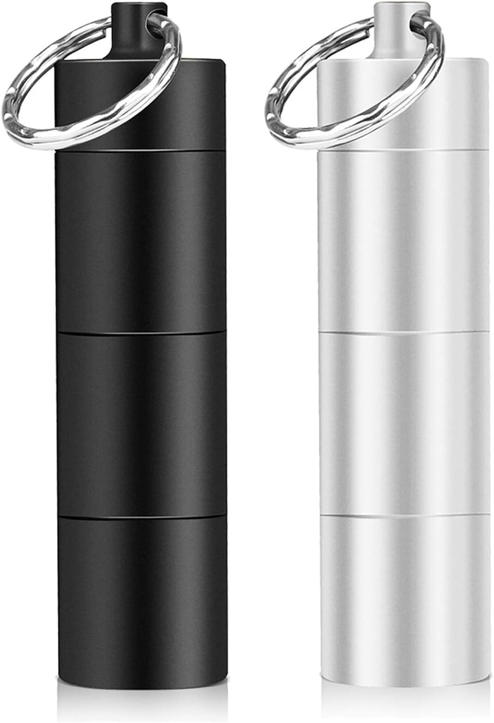 Opret 2 Pack Schlüsselanhänger Pillenhalter, 3 Komponenten Metall Small Pill Case, Wasserdichte tragbare Reise Pille Box, Pille Container für Geldbeutel, Matte Schwarz & Silber
