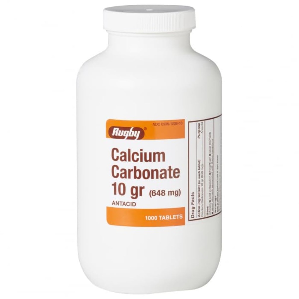 Rugby Calcium Carbonate 10 gr (648 mg) - Antacid - 1000 Tablets (1 Pack)