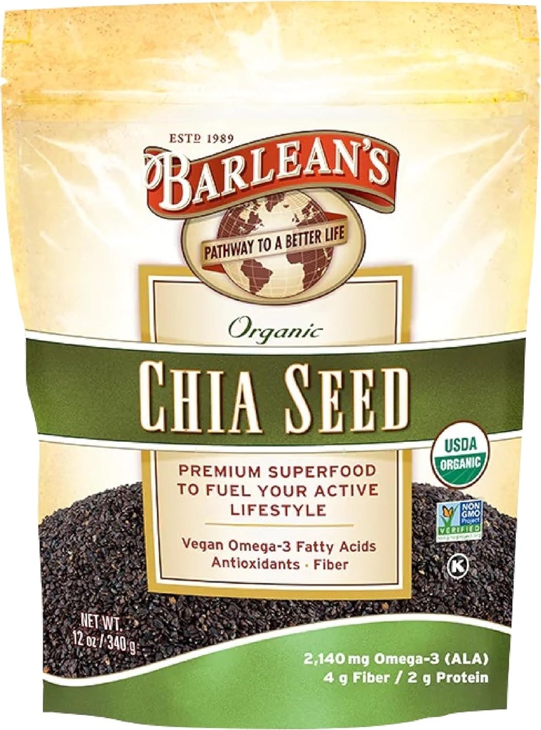 Barlean's Organic Chia Seeds mit 2,140 mg Omega 3 Fettsäuren, Faserergänzung für ganz Chia gesehen für Smoothies, Non-GMO zertifiziert, 12 oz