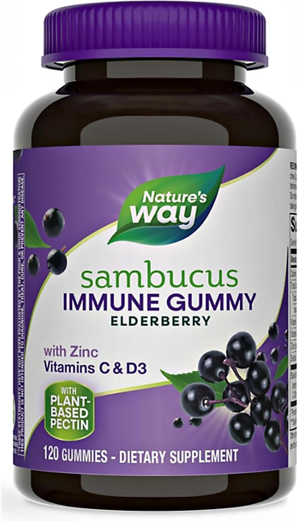 Natures+Way Sambucus Elderberry Gummies, mit Vitamin C, Vitamin D und Zink, Immununterstützung für Kinder und Erwachsene, 120 Gummi