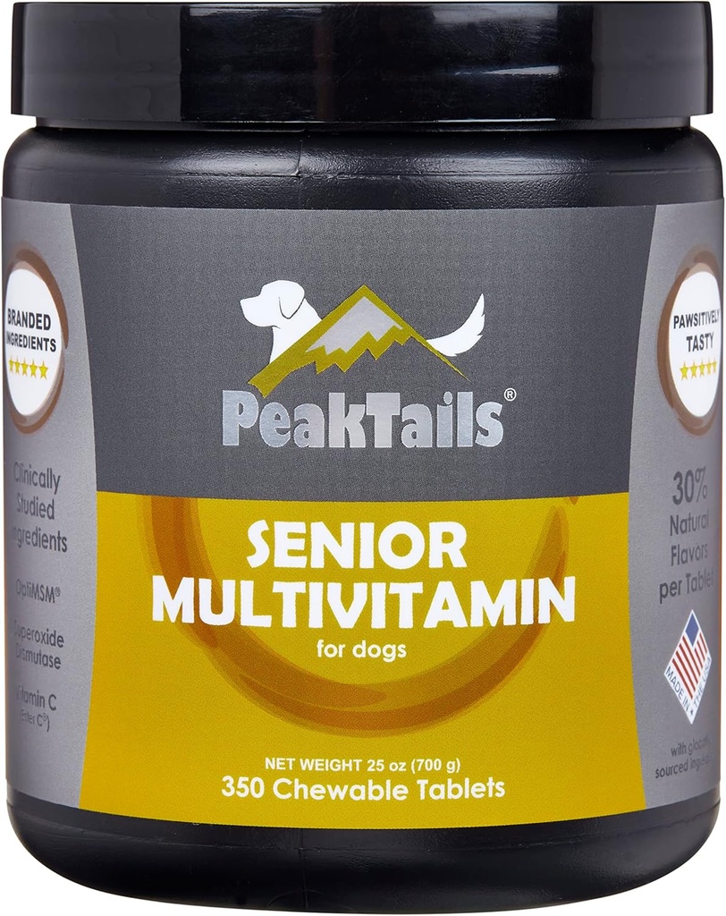 Multivitamine senior pour chiens – 350 comprimés à croquer avec MSM, Superoxide Dismutase