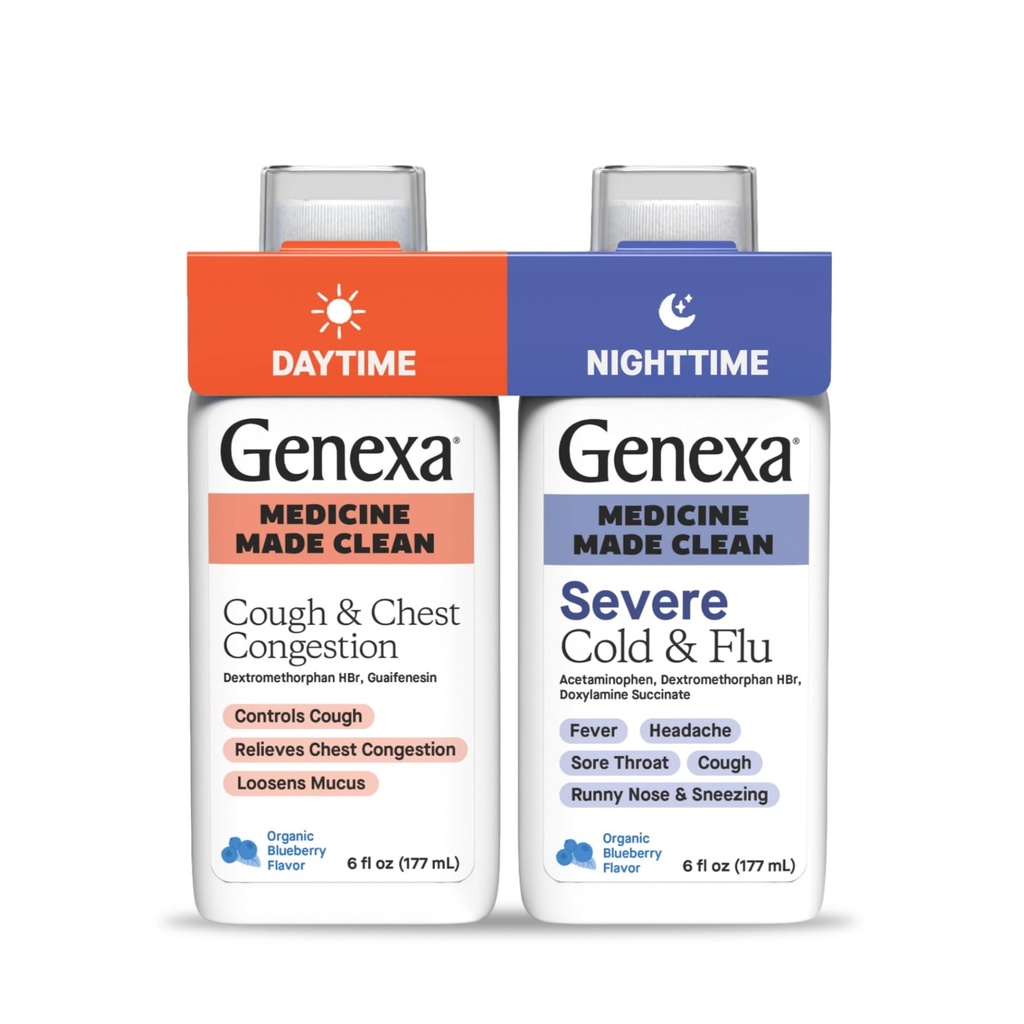 Genexa Daytime Cough & Congestion + Nighttime Severe Cold & Flu Combo Pack, Dye Free, 0% Künstliche Zusatzstoffe, Flüssiger Mehr-Symptom Cough, Cold, & Flu, Bio Blueberry Flavor, 12 fl oz (2 Pack)