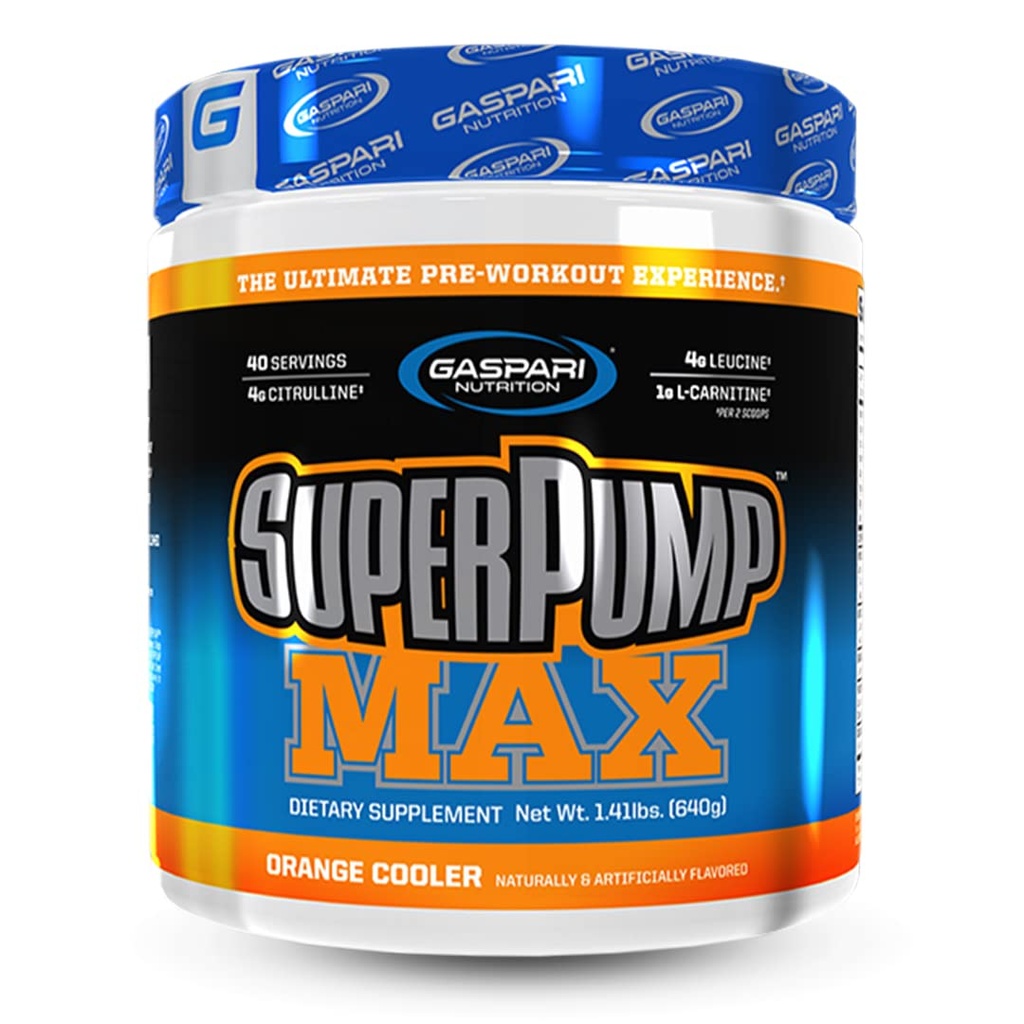 Gaspari Nutrition SuperPump MAX, la poudre de pré-entraînement ultime, pré-entraînement énergétique durable, booster d'oxyde nitrique, croissance musculaire, récupération et réapprovisionne électrolytes (40 serv., refroidisseur orange)
