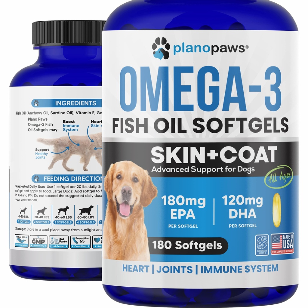 Omega 3 Fischöl für Hunde Kapseln - Lachsöl für Hunde - Hunde Fisch Öl Ergänzung Mai Hilfe Shedding, Allergy, Juckreiz - Unterstützung trockene Haut, Gelenke - Hunde Haut und Mantel Ergänzung - 180 Fisch Öl Pillen