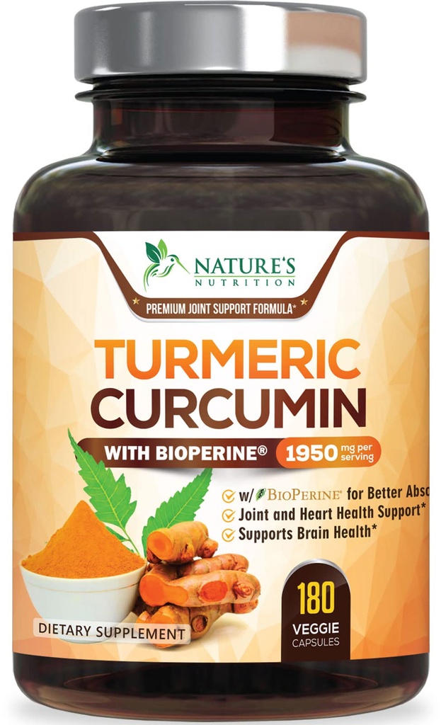 Kurkuminus-Ergänzung 1950mg - 95% Curcuminoide mit Organic Turmeric & BioPerine Black Pepper Extract für beste Absorption, Nature's Vegan Joint Support, Non-GMO, Bottled in USA - 180 Kapseln