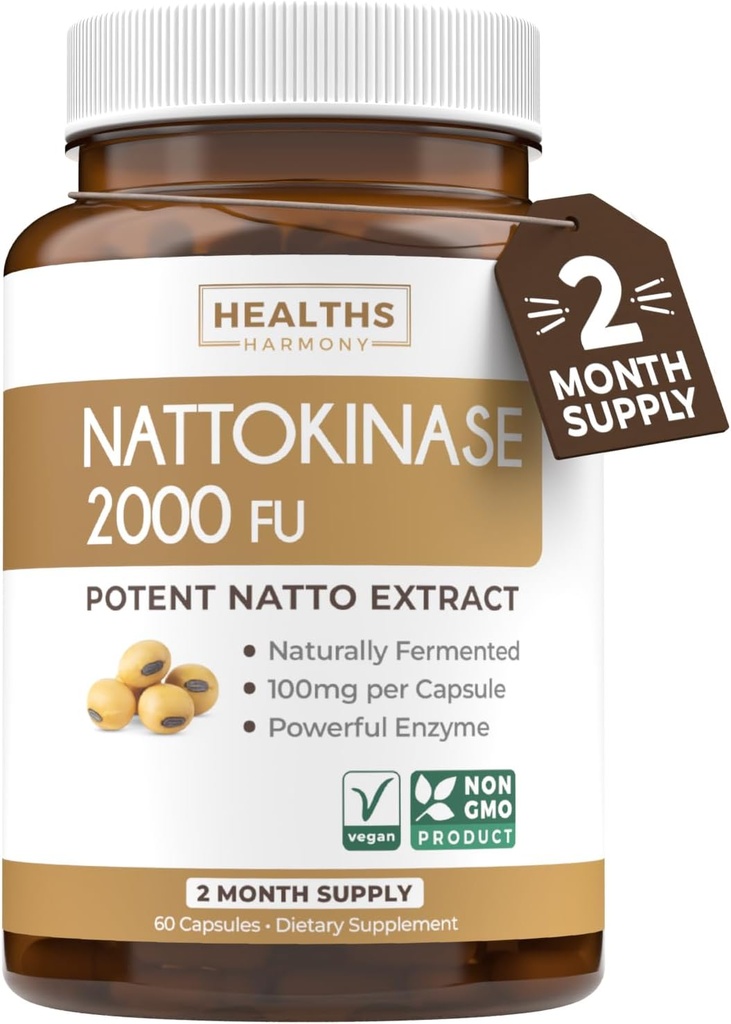 Santé Harmony Nattokinase 2000 FU (non-OGM) Supplément Nattokinase puissant fabriqué à partir de soja naturellement fermenté - (2 mois d'approvisionnement) 60 capsules de Natto végétalien