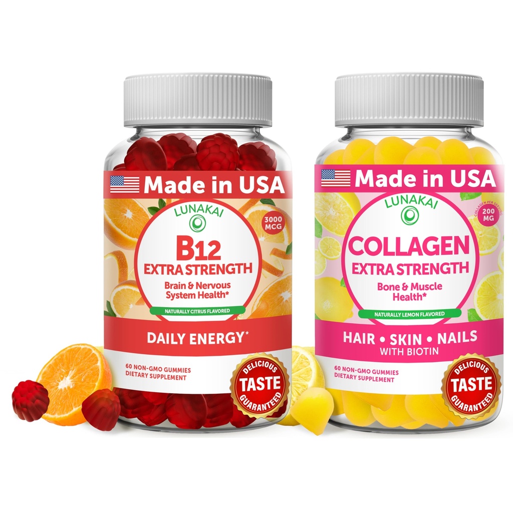 Lunakai Vitamin B12 und Collagen Gummies Bundle - 3000 mcg Methylcobalamin High Absorption Energy Gummies - Non-GMO Anti Aging Ergänzungen für Männer & Frauen - 30 Tage Versorgung