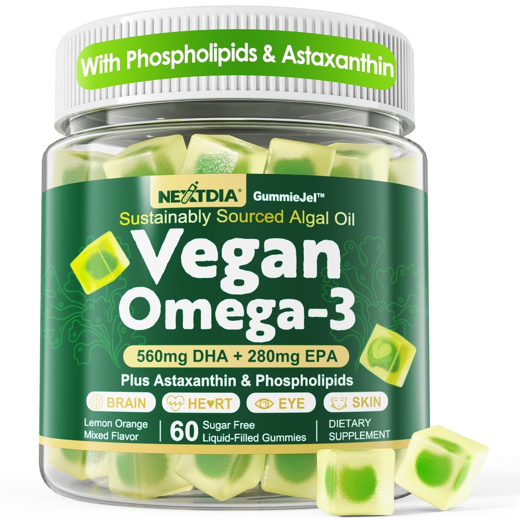 Vegan Omega 3 Gummie + Phospholipide, Astaxanthin, Vitamin D3, DHA 560mg & EPA 280mg, Fish-Free Algae Omega 3 Supplement für Erwachsene & Kinder für Gehirn, Auge, Haut und allgemeine Gesundheit, Sugar Free, 60 Cts