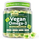 Vegan Omega 3 Gummies + Phospholipides, Astaxanthine, Vitamine D3, DHA 560mg & EPA 280mg, Supplément Algae Omega 3 sans poisson pour adultes et enfants pour le cerveau, les yeux, la peau et la santé globale, sans sucre, 60 Cts