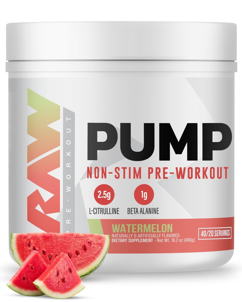 RAW pompe Stim libre pré entraînement (Watermelon) - Supplément de pré entraînement non stimulant poudre Booster d'oxyde nitrique - Suppléments de préentraînement Boissons pour pendant l'entraînement - 40 portions