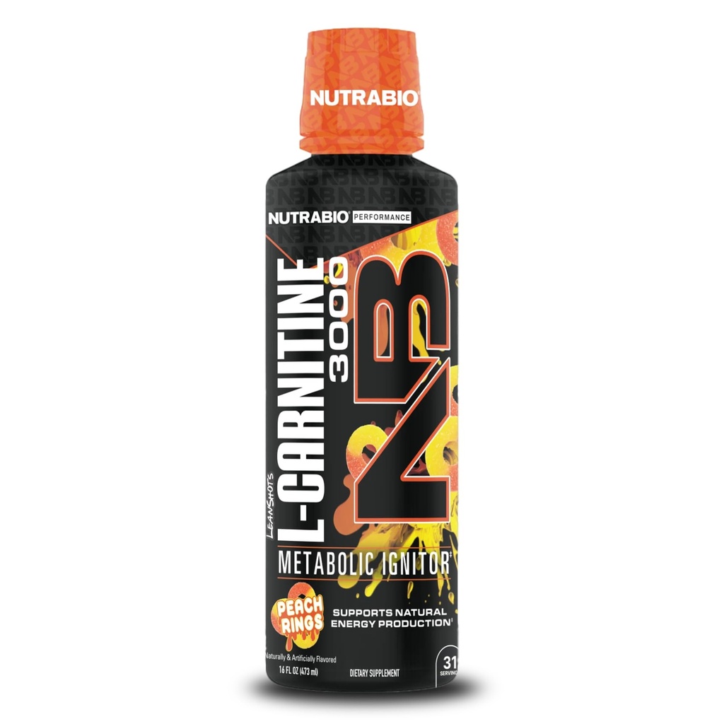 NutraBio – L-Carnitine shots liquides – 3000mg, (Anneaux de pêche) – 10mg de vitamine B-5 – Zéro glucides et sucres – Production d'énergie – Récupération musculaire