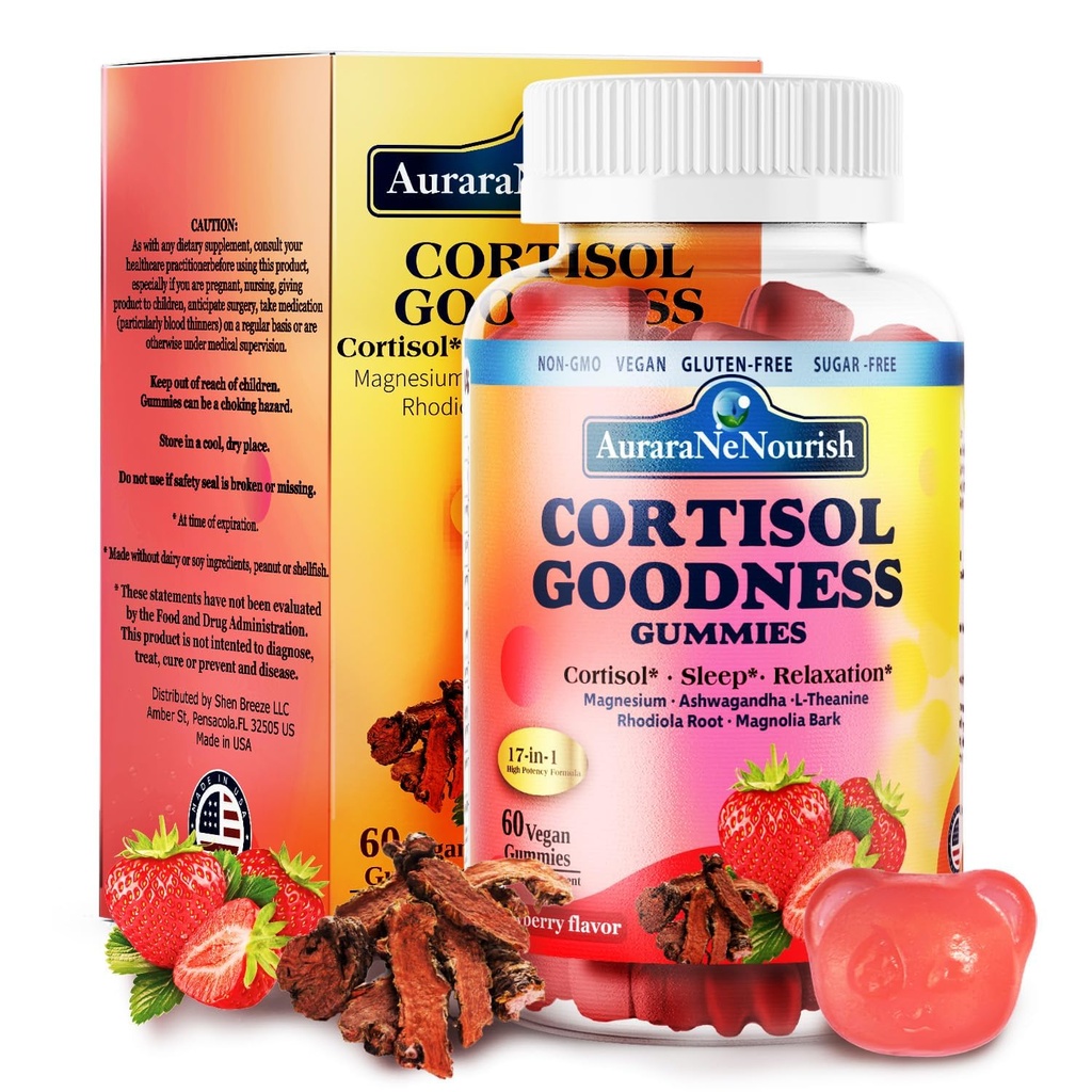 Suppléments de cortisol pour l'harmonie hormonale, 17-en-1 Gommies de cortisol pour les femmes et les hommes Réducteur de cortisol avec Ashwagandha, Rhodiola Rosea, Saint Basilic, Valérien Support Stress Relief & Cortisol Balance