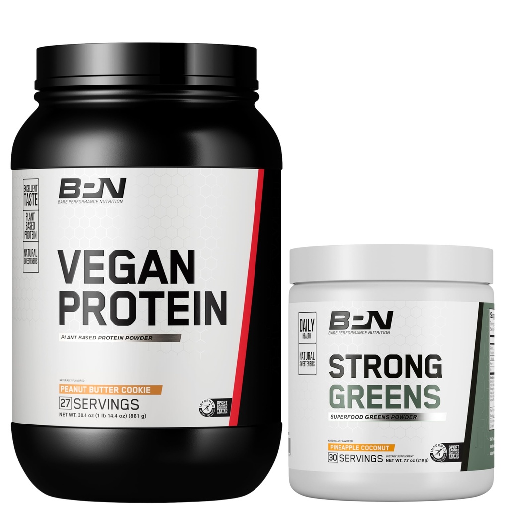 BARE PERFORMANCE NUTRITION BPN Vegan Peanut Butter Cookie Protein + Strong Greens Pineapple Coconut Bundle