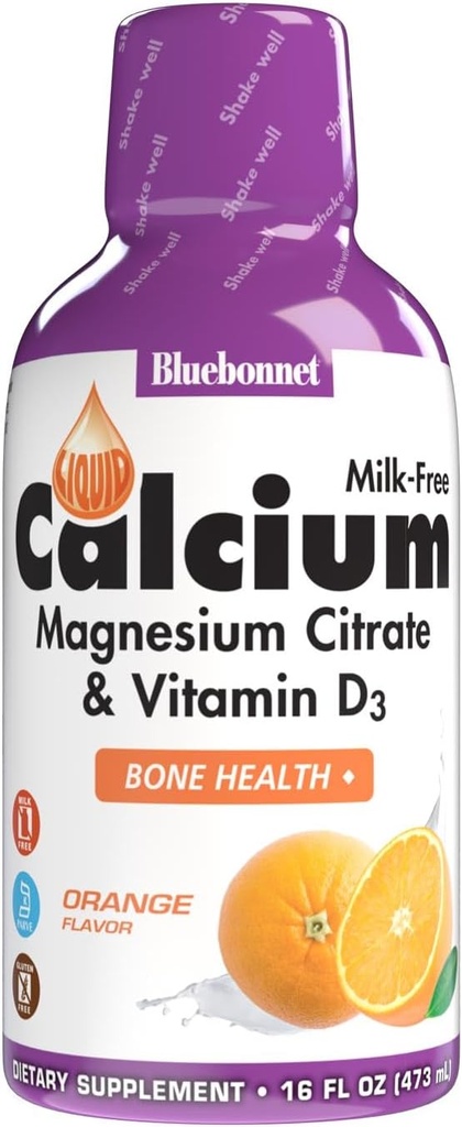 Bluebonnet Nutrition Liquid Calcium Citrate Magnesium Citrat, Vitamin D3, Knochengesundheit, Glutenfrei, Sojafrei, milchfrei, koscher, 16 Fl Oz, 32 Servierungen, Orange Flavor, 16 Fl Oz (Pack von 1)