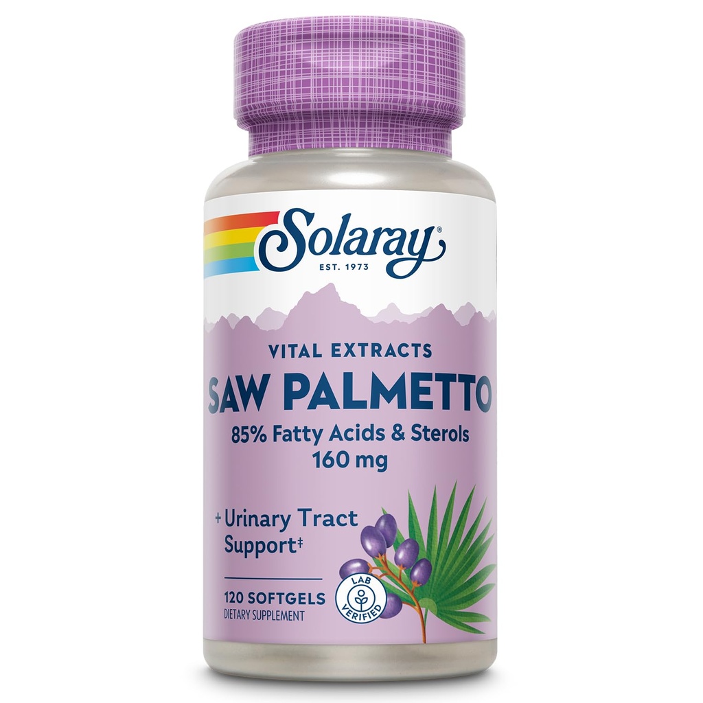 Solaray Saw Palmetto Extract - Prostate Health and Urinary Tract Support - 136 mg Acides gras et stérols - Lab Vérifié, 60 jours de garantie de remboursement (120 portions, 120 softgels)