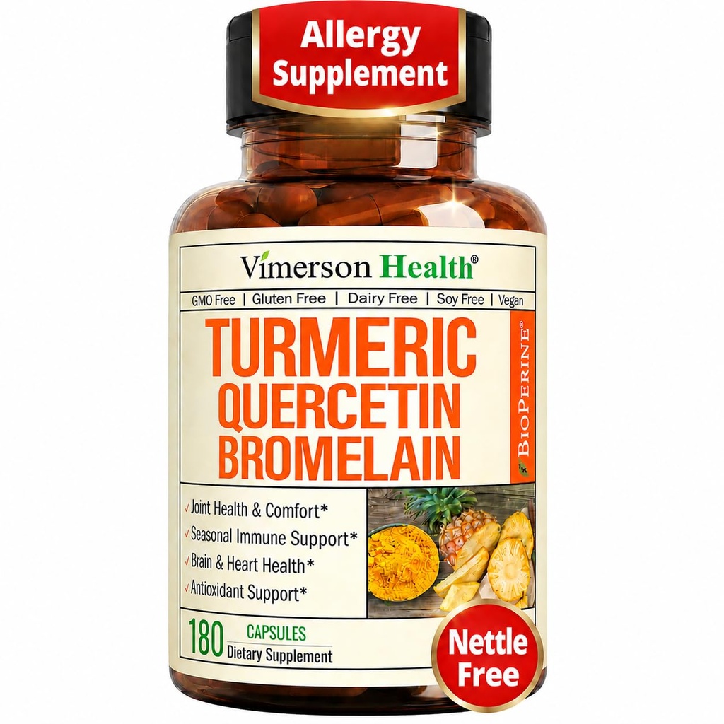Quercetin avec supplément curcumin bromelain curcuma – anti-allergie, soutien joint et immunitaire – supplément curcuma biologique avec poivre noir (bioperine) – 180 capsules de quercetin 500mg