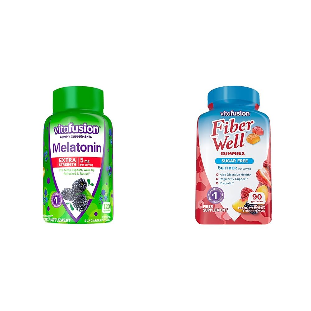 Vitafusion Extra Strength Mélatonine Gummy Vitamines, 5mg, 120 ct Gummies & Fibre bien supplément de fibre sans sucre, pêche, fraise et BlackBerry suppléments aromatisés, 90 comte
