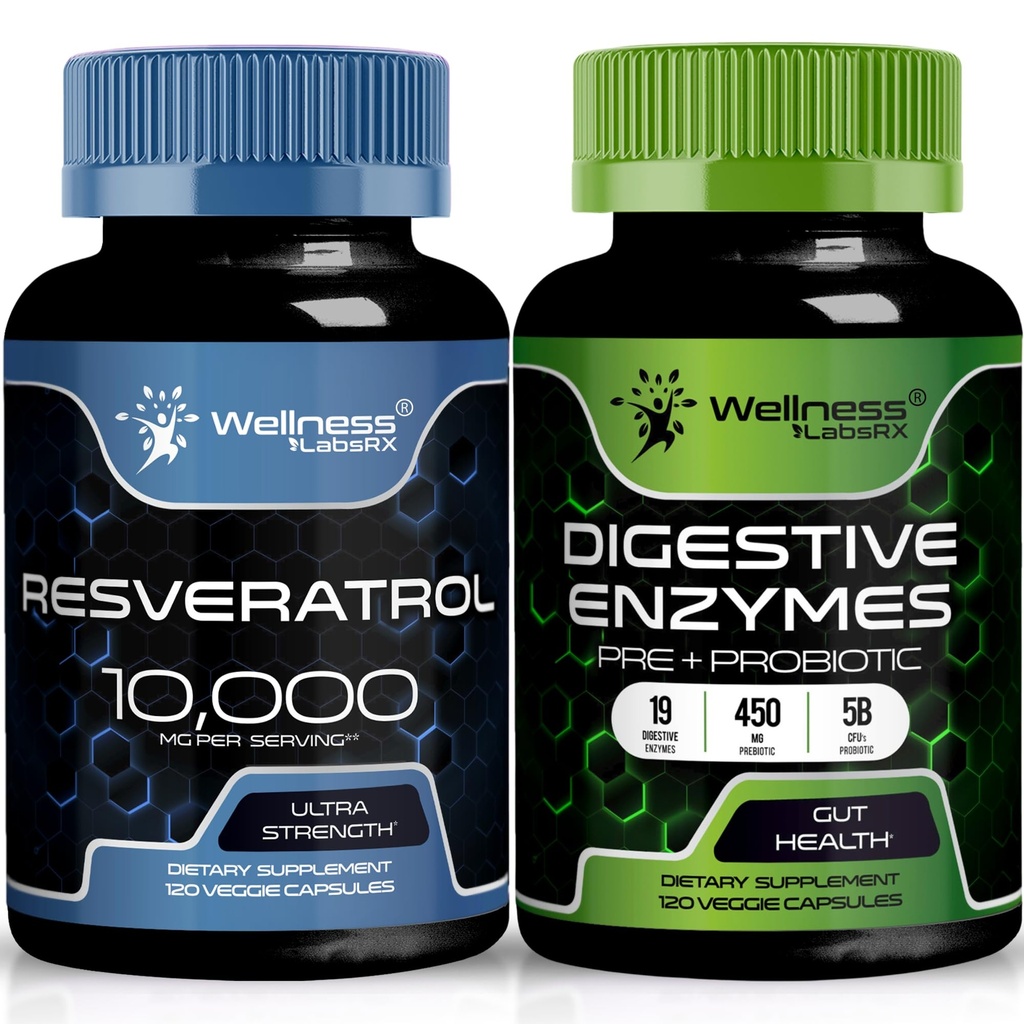 WELLNESS LABSRX Resveratrol Kapseln 10.000mg - Verdauungsenzyme 450mg