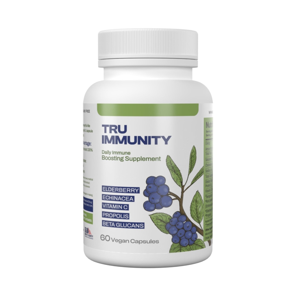 Tru Immunity Dietary Supplement with Elderberry, Propolis, Echinacea, Vitamin C & Beta Glucans – Daily Wellness Capsules for Adults (60 Count)