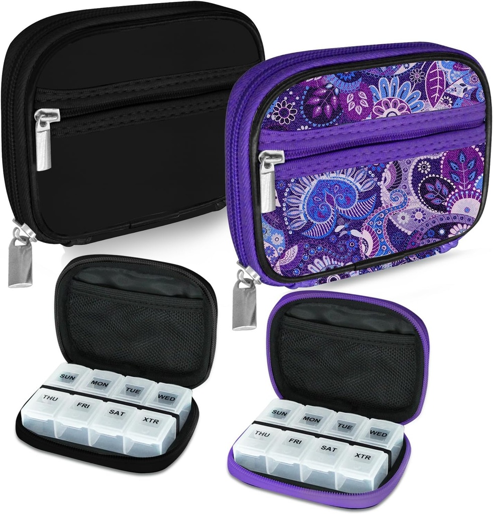Serfeymi Wochenreise Pille Organizer Pille Case für Geldbeutel mit abnehmbaren 7 Tage Pille Box, Modische Reise Medizin Organizer Pille Behälter für Medizin, Vitamin, Supplement - Schwarz 01 + Lila 01