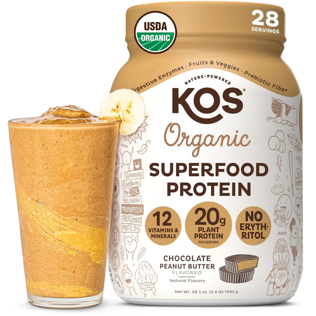 KOS Organic Plant Based Protein Powder, Chocolate Peanut Butter - Delicious Vegan Protein Powder Meal Replacement - Keto Friendly, Gluten Free, Dairy Free & Soy Free - 2.4 lbs, 28 Servings
