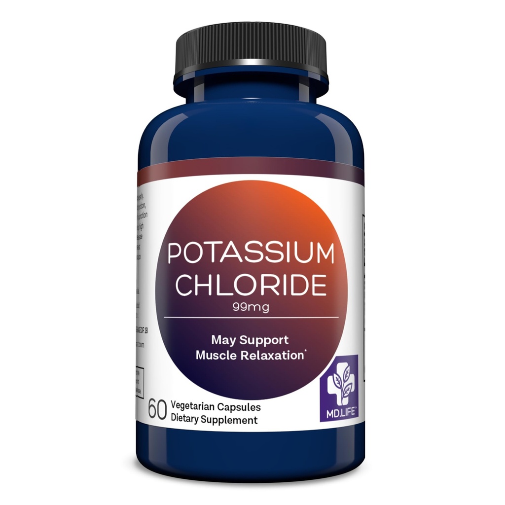 MD Life Potassium Chloride Supplement - Third Party Lab Tested - 99mg 60 Count - Vegetarian Potassium Chloride Capsules - May Help Support Muscle Function & Healthy Blood Pressure