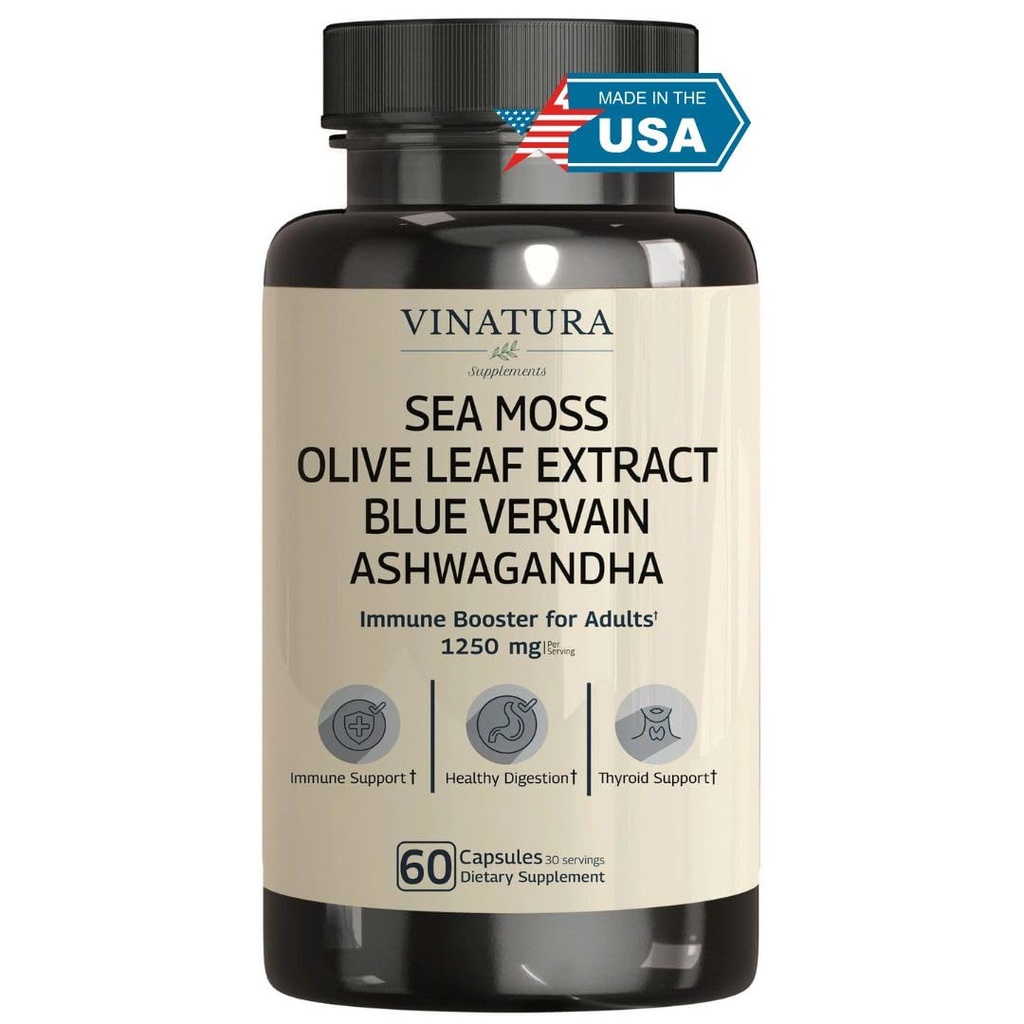 VINATURA Organic Sea Moss, Blue Vervain - mit schwarzem Seed Oil, Ashwagandha, Ginger, Burdock Root Capsules - 1250mg pro Servierung, *USA Made &Tested* Immun Booster für Erwachsene