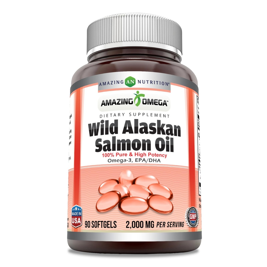 Amazing Omega Wild Alaskan Salmon Oil 2000mg Par portion Softgels Supplément (90)