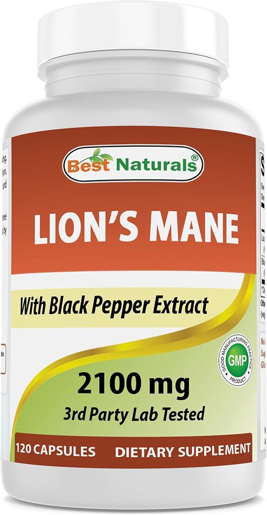 Best Naturals Lions Mane Mushroom Supplement 2100mg - 120 Kapseln - Unterstützt Psychische Klarheit, Fokus und Immune Gesundheit - Hinzugefügt Schwarzer Pfeffer für maximale Absorption