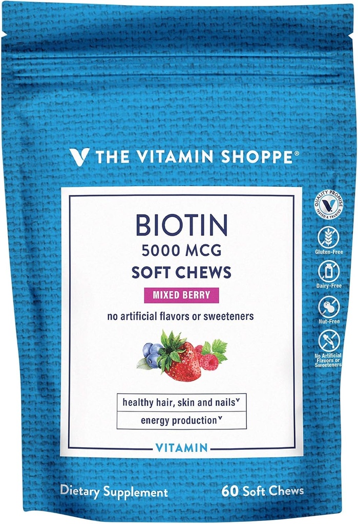 Vitamin Shoppe Biotin Soft Chews für Haar, Haut und Nagel - 5.000mcg - Mixed Berry (60 Soft Chews)