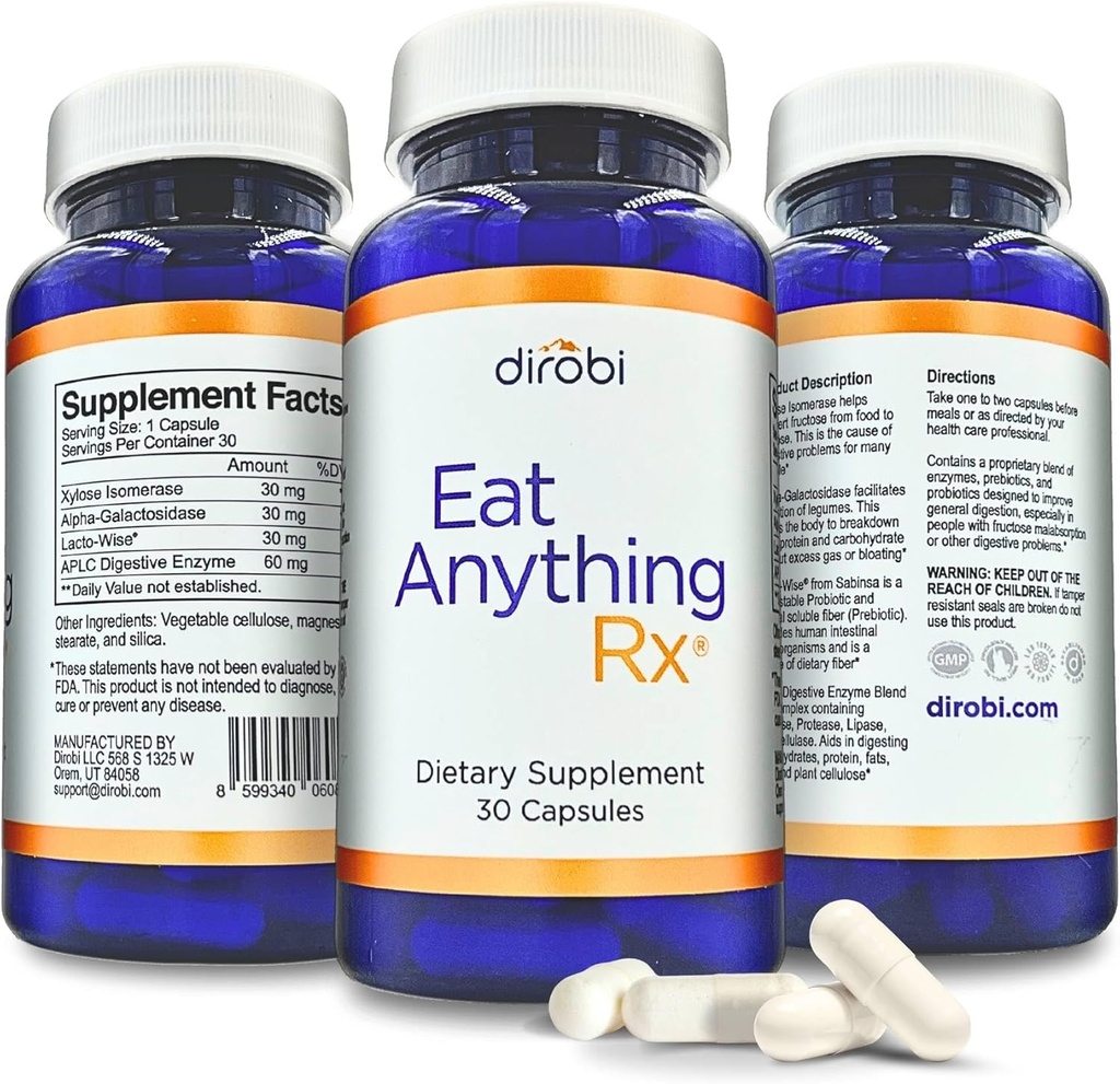 Dirobi Essen Alles Xylose Isomerase Fructose Malabsorption Enzyme, FODMAP-Ergänzung, Verdauungsenzyme für bessere Lactose, Fett, Protein & Kohlenhydrat Digestion Gas & Bloating Relief 30 Kapseln