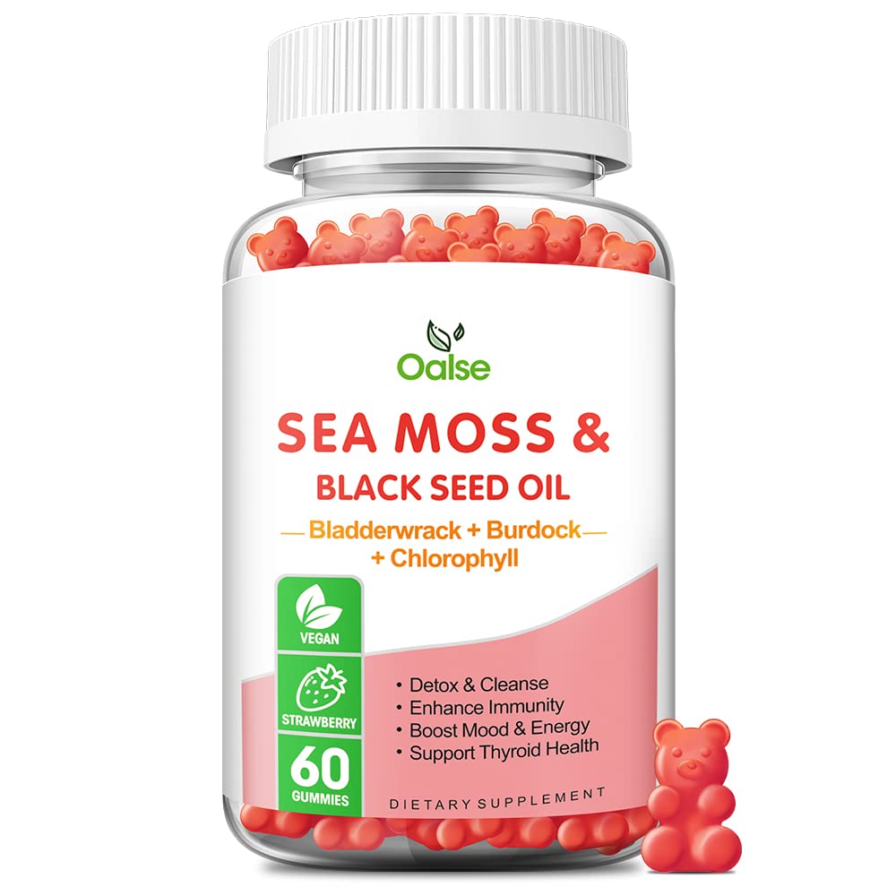 Gummies de mousse de mer pour adultes Enfants avec de la chlorophylle, Bladderwrack, racine de dard, huile de graines de Blck, vitamine C & D3, zinc, formule de 8-en-1 Potent soutient le système immunitaire et l'énergie boost (1-Pack)