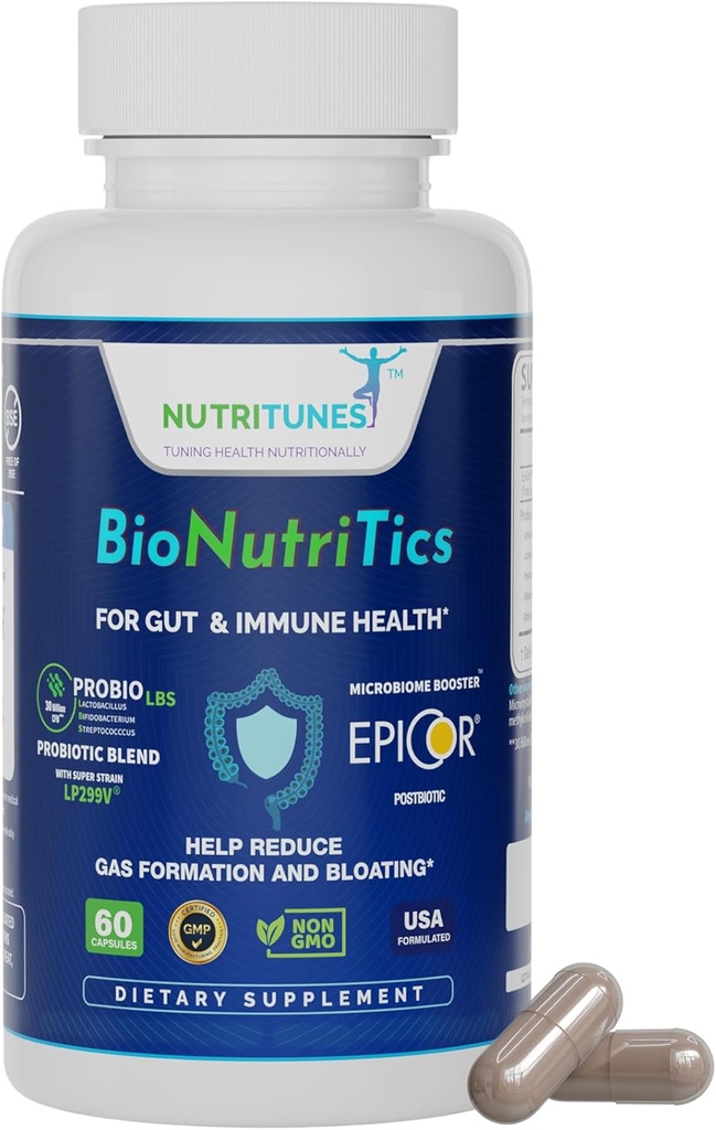 BioNutriTics – Probiotics ProBio LBS + Postbiotic EpiCor® für Gutgesundheit, Immununterstützung Verdauungskomfort aus okkzessivem Gas und Bloating – 60 Kapseln