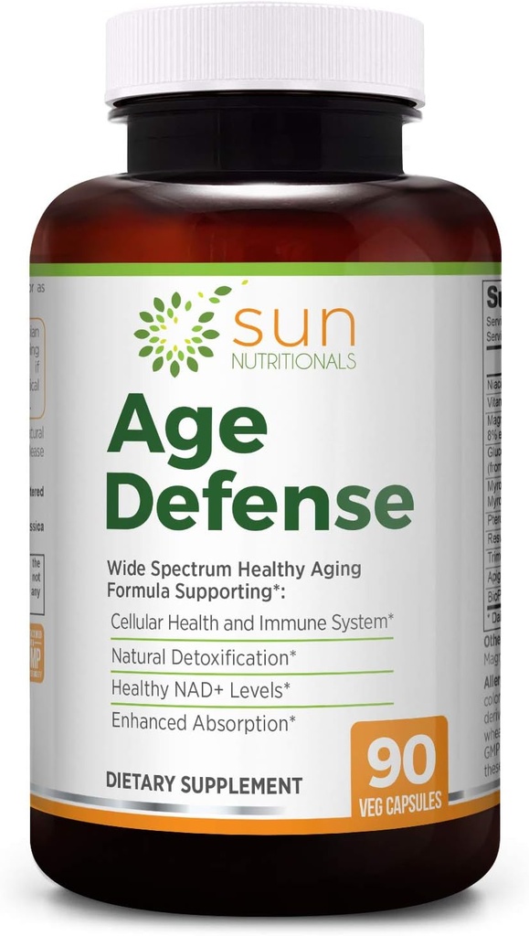 Age Defense with Sulforaphane precursors Glucoraphanin & Myrosinase, NAD+ with Apigenin, Niacin & TMG, Nrf2 & Sirtuin activators Pterostilbene, Trans-Resveratrol, Vitamin K2, Magnesium, 90 VCaps