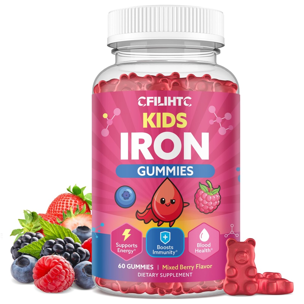 Iron Gummies for Kids & Teens, Kids Multivitamin with Iron Supplement, Calcium, Folate, Zinc, Prebiotic - for Blood Builder & Energy Support, Iron Deficiency - Vegan & Non-GMO - 60 Count Mixberry
