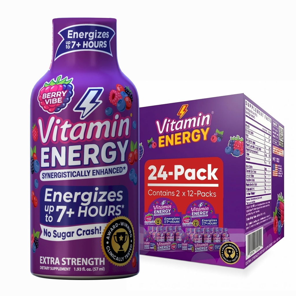 Vitamine Energy Mood+ Extra Strength Energy Shot Tropical Berry 24 Pack, 260mg Caféine naturelle, B-Vitamines, Rhodiola, Camomille, Mood & Energy Support, Zéro Sucre, Sans gluten, Vegan, 1.93 fl oz