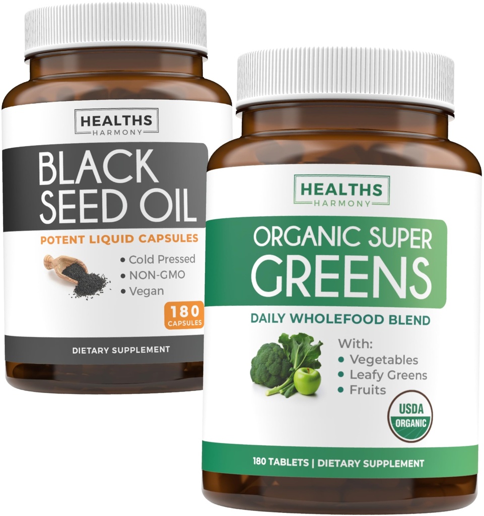Schwarzes Saatgut Öl & Bio Super Greens (3-Monat-Versorgung) Seed & Sprout Bundle aus schwarzem Samenöl (180 Kapseln) Kaltgepresste Nigella Sativa & Bio Super Greens Pulver (180 Tabletten) Komplette Superfood