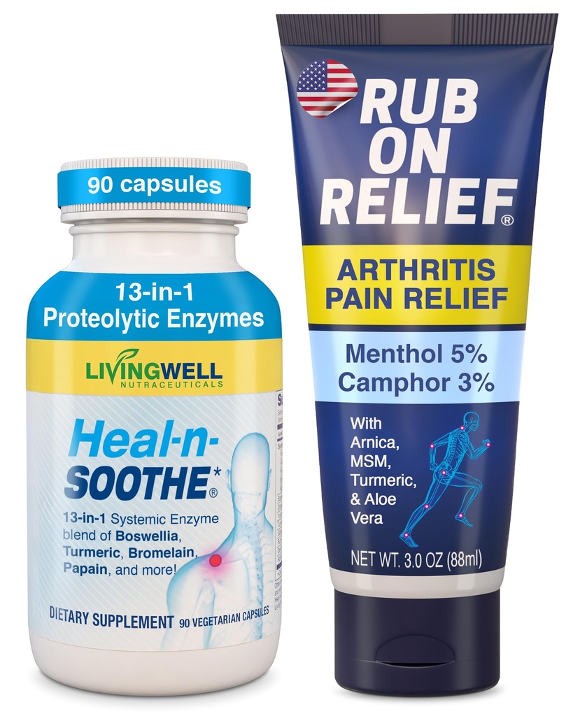 RUB ON RELIEF & HEAL-N-SOOTHE Bundle - Topical Pain Relief Cream for Joints, Knees, Shoulders and Back plus Proteolytic Enzymes for Joint Support for Men and Women - 2-Pack, 3oz Cream & 90 Capsules