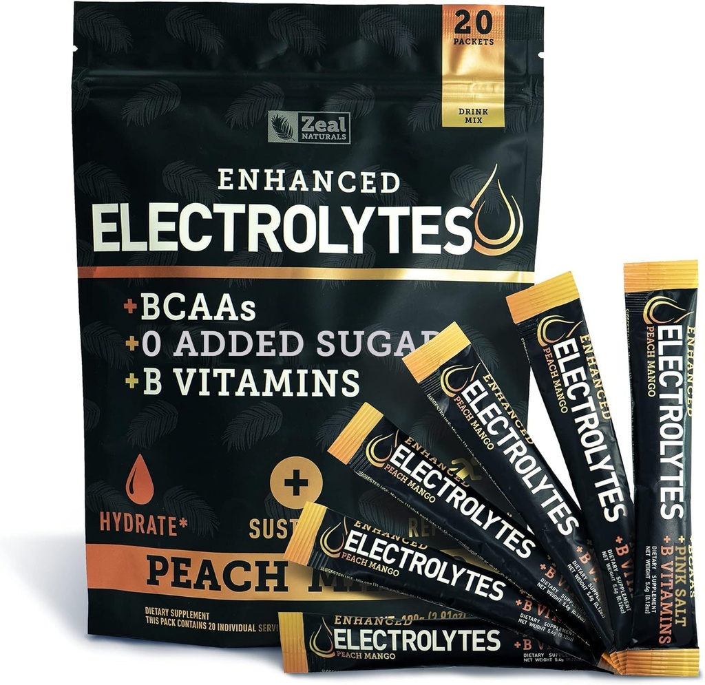 Enhanced Electrolyte Powder (Peach Mango 20pk.) w 0 Sugar +BCAAs +B-Vitamine Elektrolyt-Ergänzung mit Kalium Zink & Magnesium für Hydration - Keto Elektrolyte