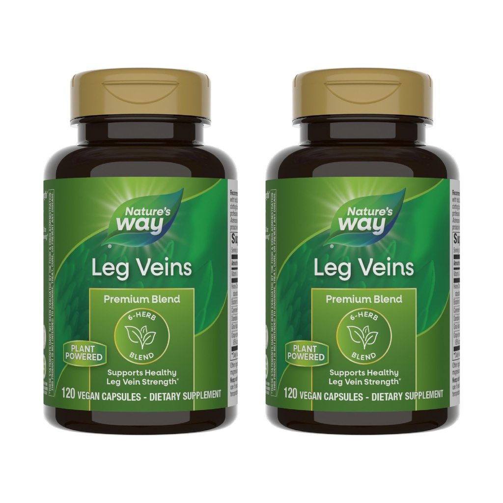 Nature's Way Leg Veins, soutient la force saine de la veine des jambes*, mélange de 6 herbes, avec extrait de châtaigne de cheval, dandelion, sans gluten, 120 capsules végétaliennes (paquetage mai vary) - 2 packs