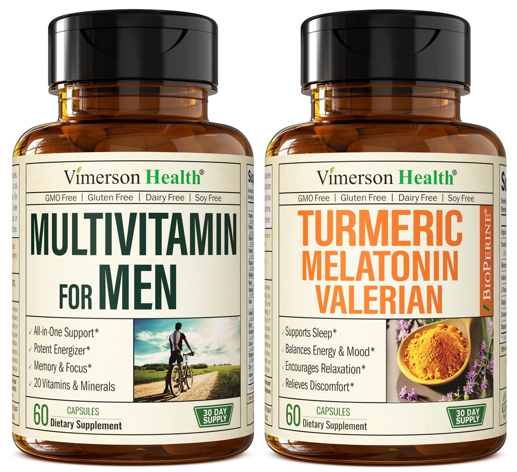 Mens Multivitamine + Turmeric Melatonin Valerian Bundle für Joint Support und Discomfort Relief, Immungesundheit & Entzündungsreaktion