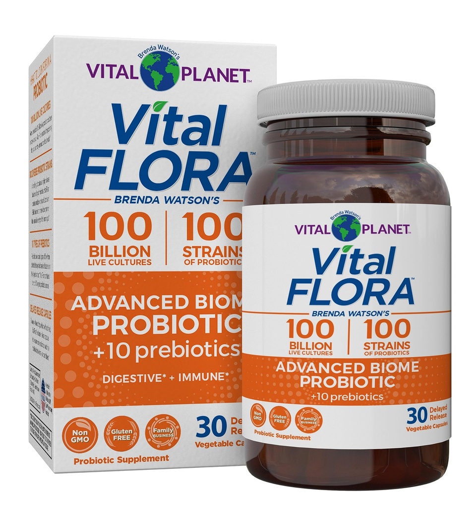 Vital Planet - Vital Flora Advanced Biome Probiotique 100 milliards CFU, 100 souches diverses, 10 prébiotiques organiques, immunosupport, Colon et probiotiques de santé digestive pour les femmes et les hommes 30 capsules