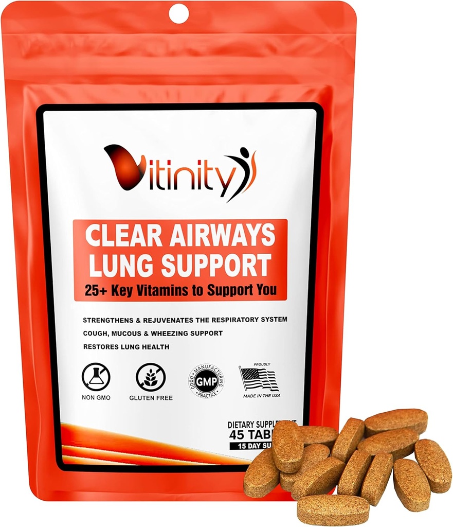 Supplément de soutien immunitaire respiratoire VITINITY Lung Cleanse,25+Ingrédient clé Détox santé pulmonaire pour la respiration, l'asthme, la tablette allergique saisonnière(15 jours)