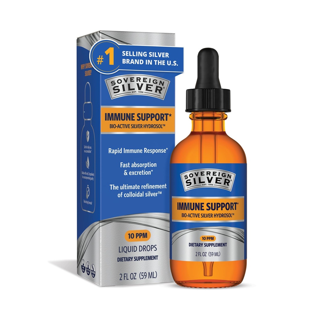 Support immune en argent souverain - Argent colloïdal, hydrosol en argent bioactif, 10 ppm, goutte à goutte liquide, 2 Fl Oz, (59 mL)