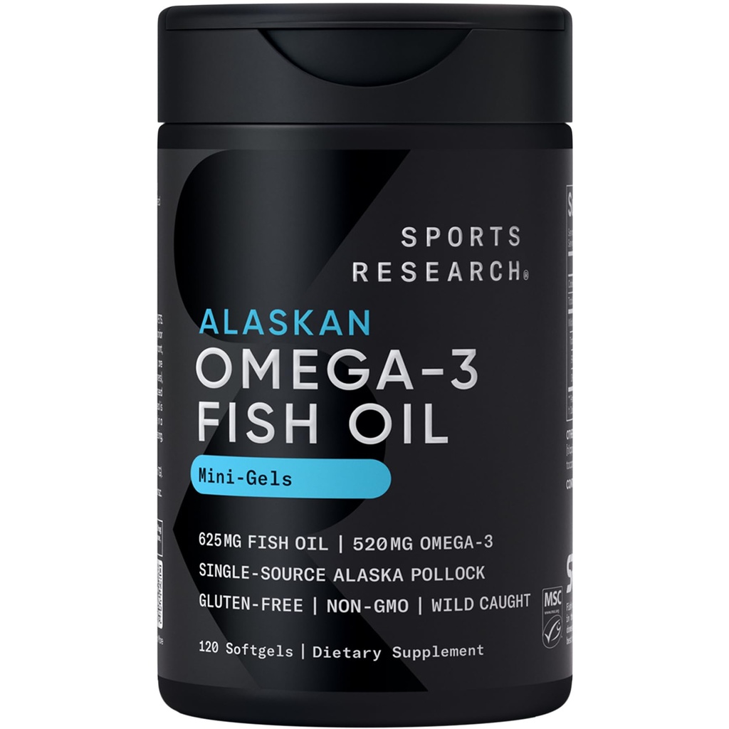 Sportforschung Fish Oil Mini-Softgels - einfach zu schlucken Omega-3 Fettsäuren von Wild Caught Alaska Pollock - 625mg, 120 Softgels