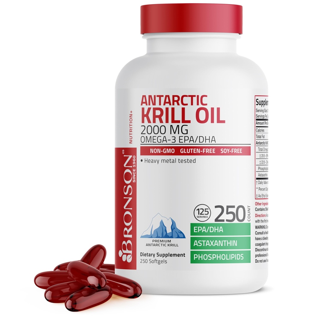Bronson Antarctic Krill Oil 2000 mg mit Omega-3s EPA, DHA, Astaxanthin und Phospholipiden, 250 Softgels (125 Servierungen)